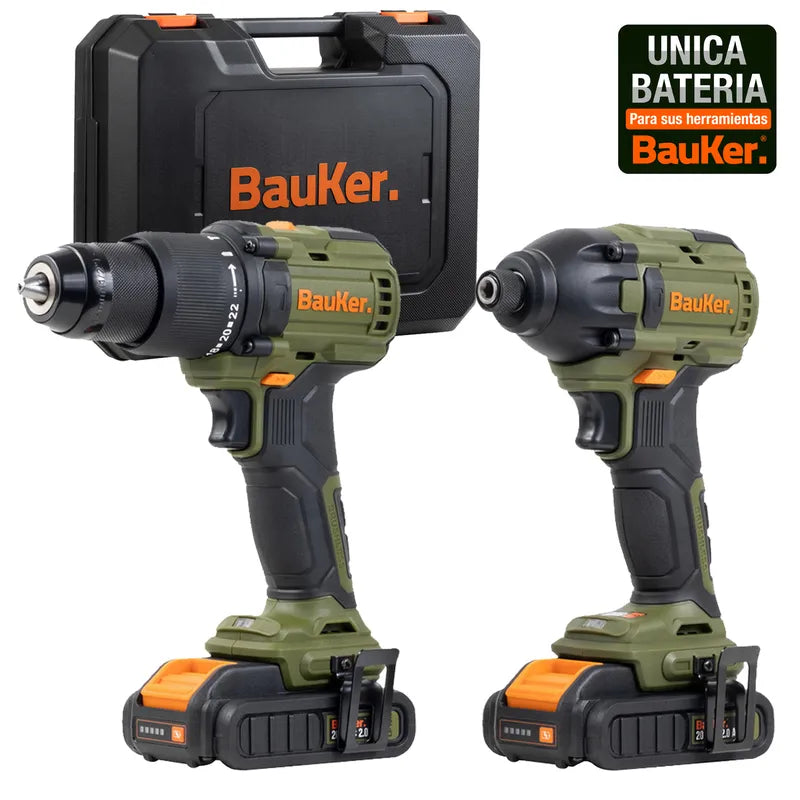 BAUKER Kit Taladro Percutor 13 mm 20 V+ Atornillador Impacto 20 V +2 Baterías 2 AH + Cargador