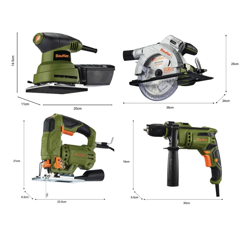 BAUKER Taladro + sierra circular + sierra caladora + lijadora + bolso