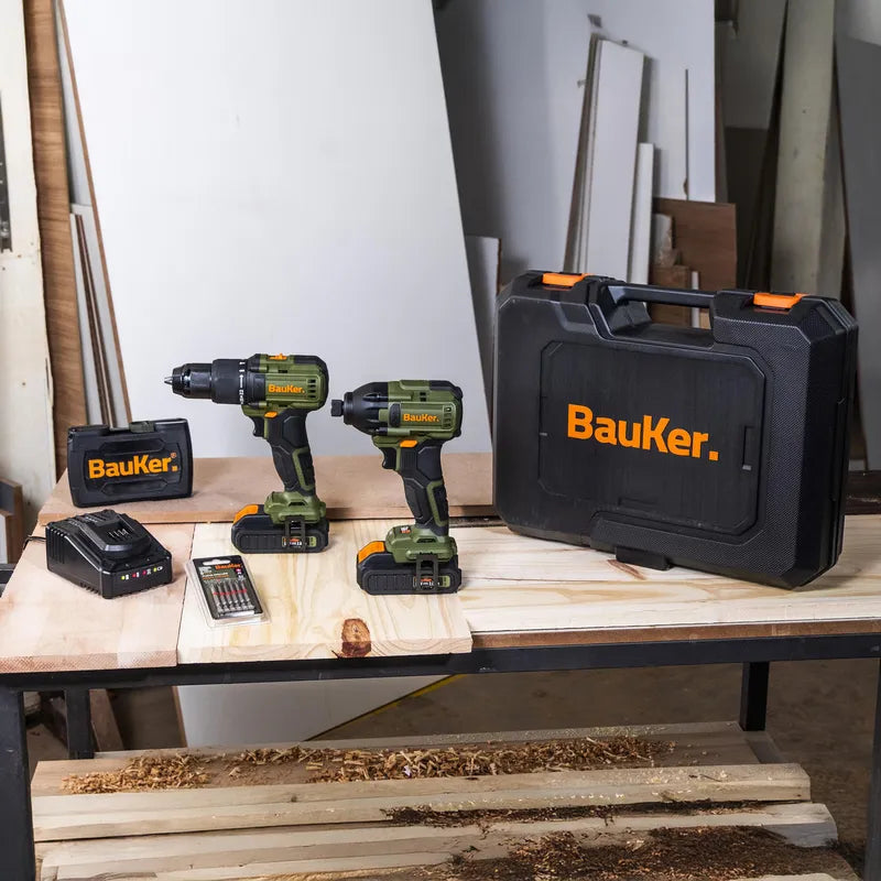 BAUKER Kit Taladro Percutor 13 mm 20 V+ Atornillador Impacto 20 V +2 Baterías 2 AH + Cargador