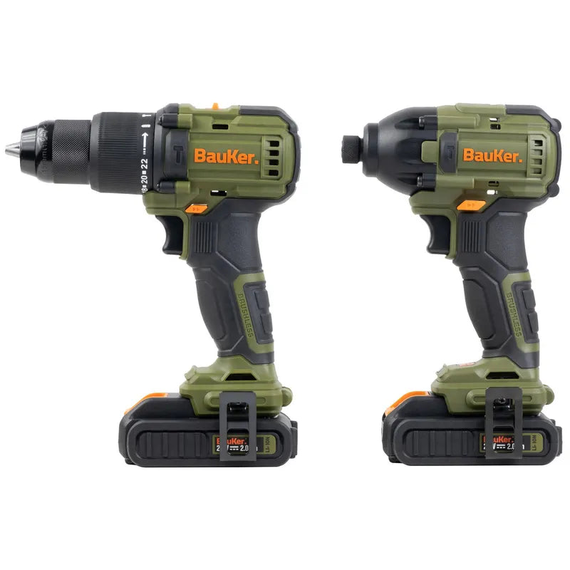 BAUKER Kit Taladro Percutor 13 mm 20 V+ Atornillador Impacto 20 V +2 Baterías 2 AH + Cargador
