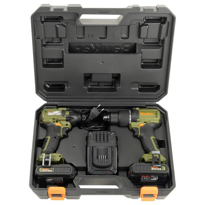 BAUKER Kit Taladro Percutor 13 mm 20 V+ Atornillador Impacto 20 V +2 Baterías 2 AH + Cargador
