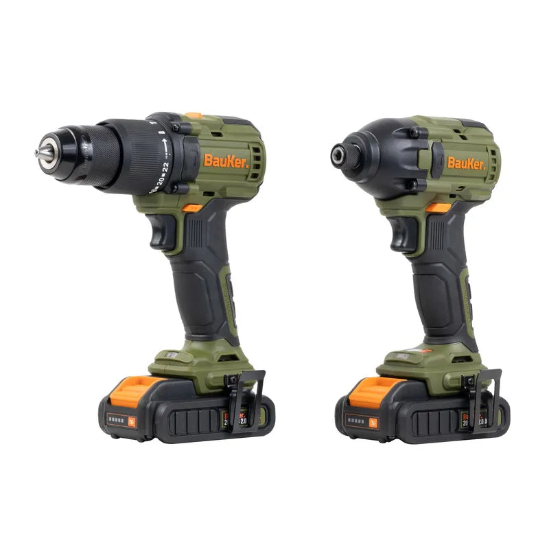 BAUKER Kit Taladro Percutor 13 mm 20 V+ Atornillador Impacto 20 V +2 Baterías 2 AH + Cargador