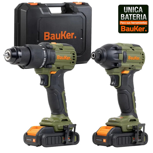 BAUKER Kit Taladro Percutor 13 mm 20 V+ Atornillador Impacto 20 V +2 Baterías 2 AH + Cargador