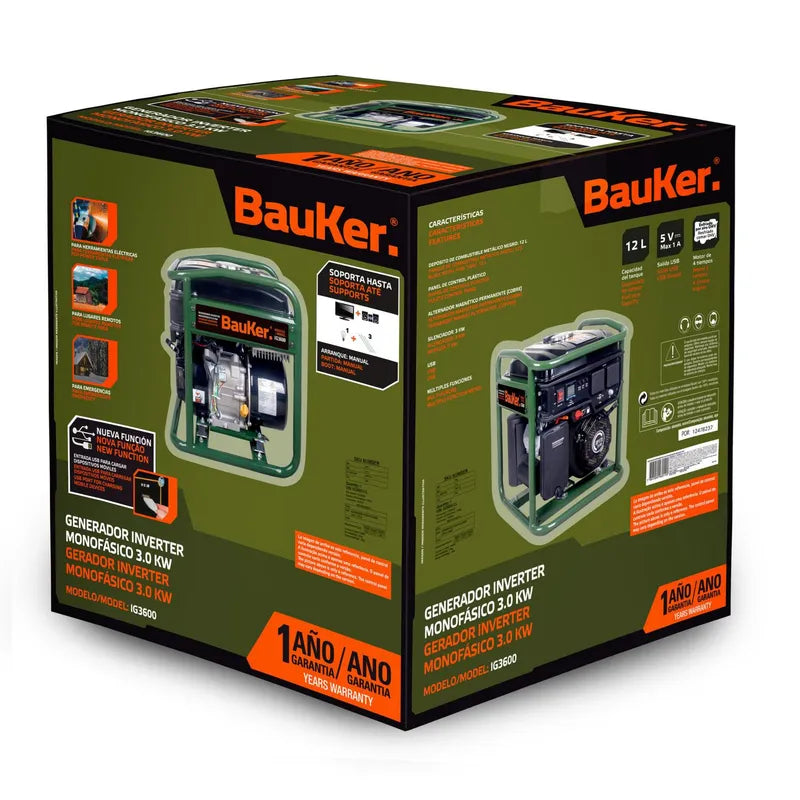 BAUKER Generador Eléctrico a Partida Manual 3000 W 12