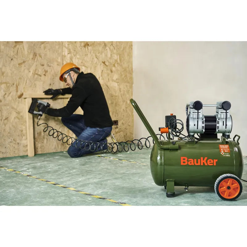 BAUKER Compresor de Aire Portátil Insonoro/sin Aceite 1.6 HP 50 Litros