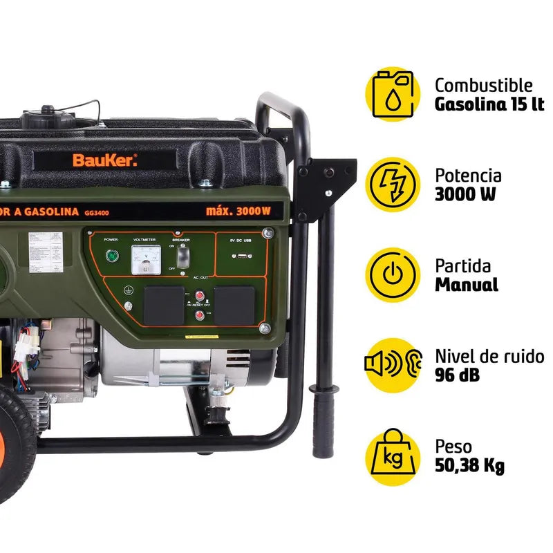 BAUKER Generador Eléctrico a Gasolina Partida Manual 3000 W 15 l