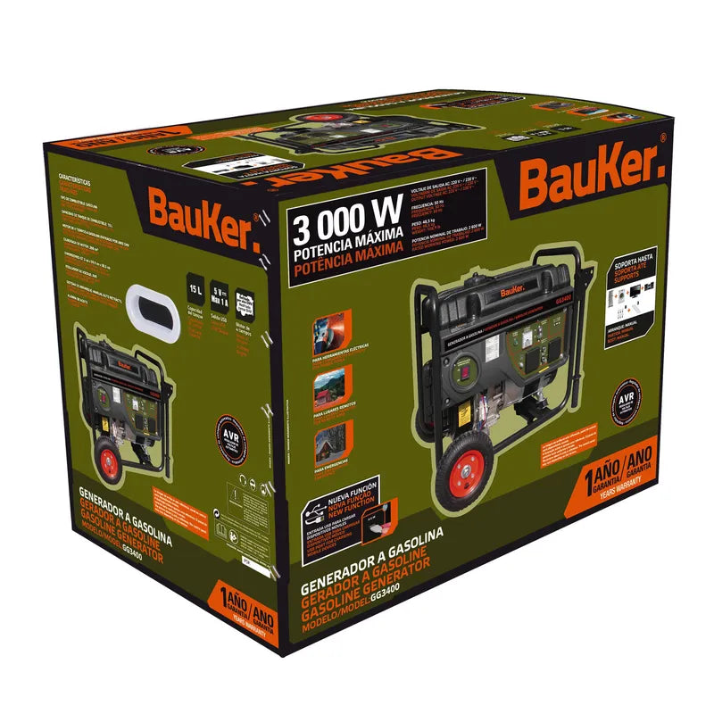 BAUKER Generador a Gasolina Partida Manual 3000 W 15 l