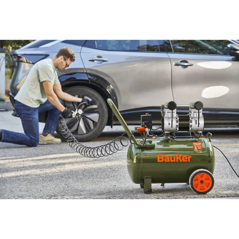 BAUKER Compresor de Aire Portátil Insonoro/sin Aceite 1.6 HP 50 Litros