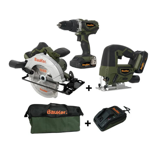 BAUKER Taladro inalámbrico percutor + sierra circular + sierra caladora 18V