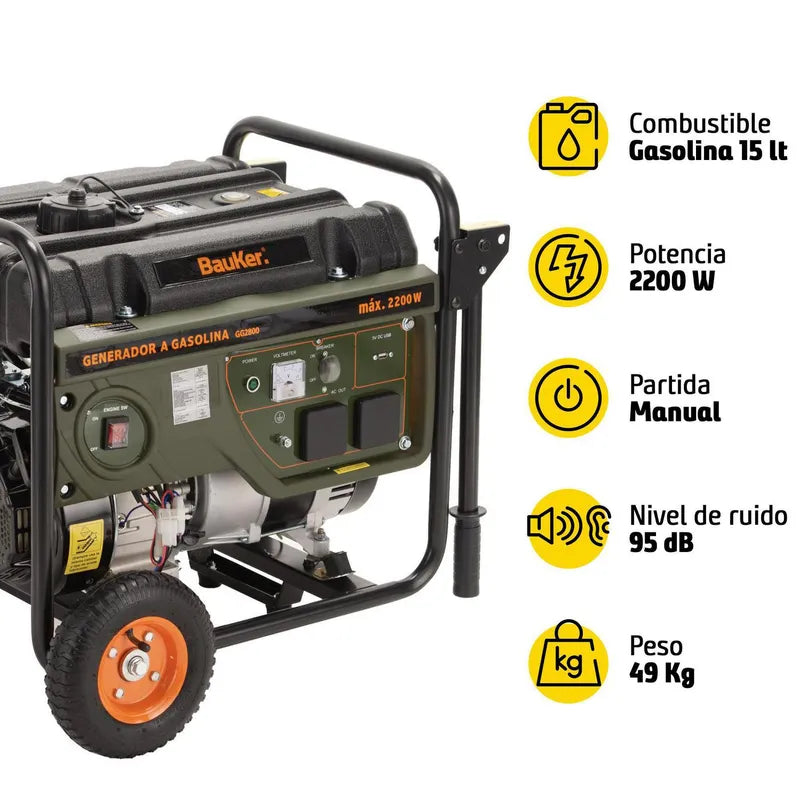 BAUKER Generador Eléctrico a Gasolina Partida Manual 2200 W 15 l
