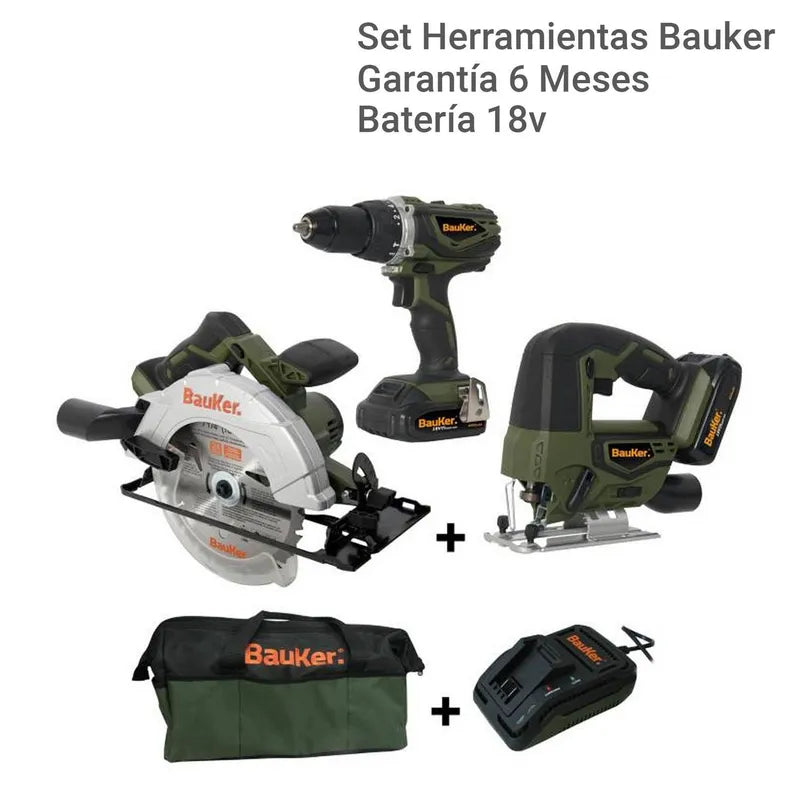 BAUKER Taladro inalámbrico percutor + sierra circular + sierra caladora 18V