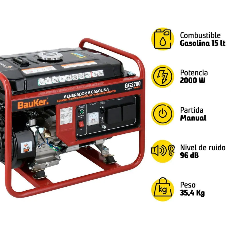 BAUKER Generador Eléctrico a Gasolina Partida Manual 2000 W 15 l